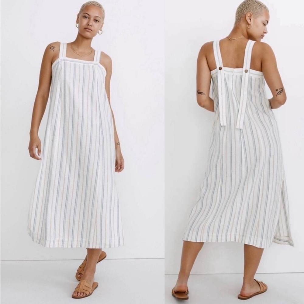 Madewell Linen-Cotton Princess-Seamed Midi Dress in Stripe Size XL